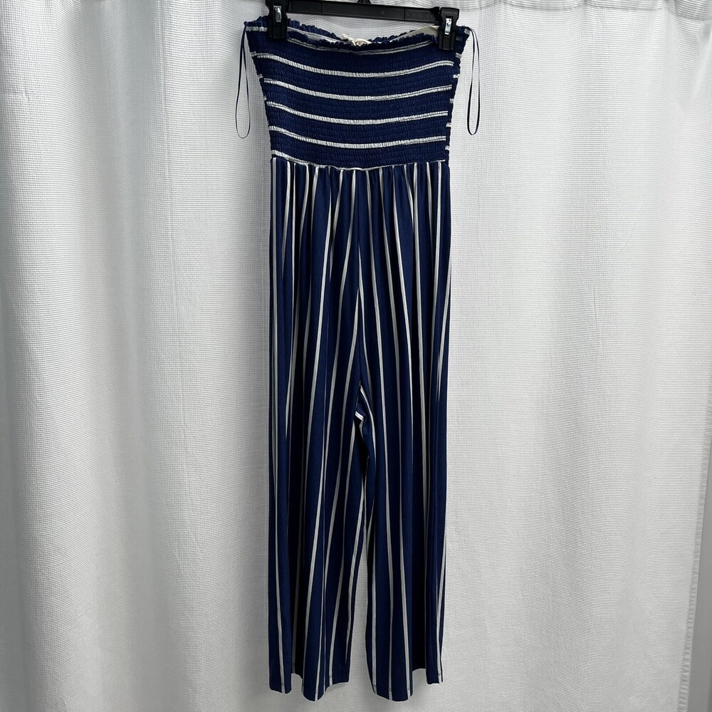 Hem And Thread Strapless Smocked Blue Stripe Jumpsuit. Cropped Wide Leg Summer